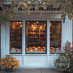 a store front with pumpkins in the window and bookshelves on display behind it