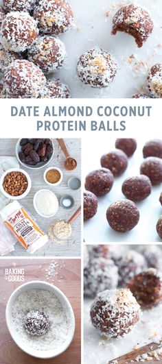 the collage shows different types of chocolate coconut protein balls