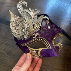 Mardi Gras Masquerade Mask In Purple Gold. Never Worn, Just Used For Decoration. One Gem Fell Off. Mask Is Made Of A Lightweight Metal. Red Masquerade Dress, Gem Mask, Purple Masquerade Mask, Masquerade Dance, Harlequin Mask, Mardi Gras Masquerade, Gold Armor, Mardi Gra, Gold Suit