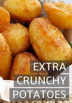 the best ever roast potatoes recipe is in a white bowl with text overlay that reads, best ever roast potatoes