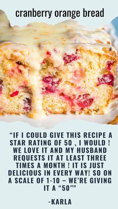 the recipe for cranberry orange bread is shown in an advertisement