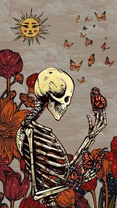 a skeleton sitting in the middle of flowers with butterflies flying around it and sun above