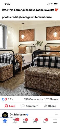 an instagramted photo of two twin beds in a bedroom with plaid bedding