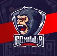 the gorilla mascot with its mouth open on a dark blue and red striped background,