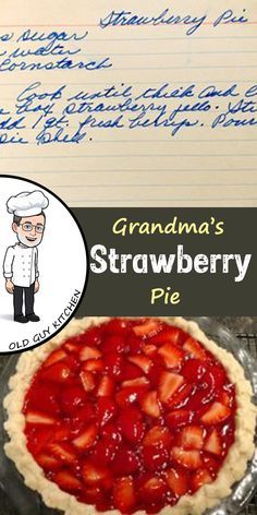 grandma's strawberry pie recipe with handwritten notes and an image of chef in the background