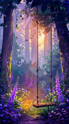 a swing hanging from a tree in the middle of a forest with purple and yellow flowers