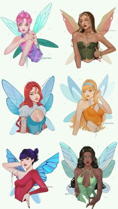 four different pictures of women with wings and bodysuits, all in different colors