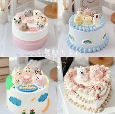 there are four cakes with animals on them