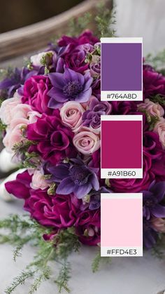 a bouquet of flowers with purple and pink colors