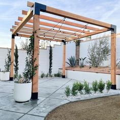 an outdoor patio with potted plants and wooden pergols