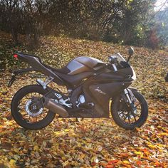 a motorcycle parked on top of a pile of leaves