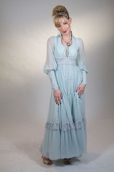 Gunne Sax Light Blue Peasant Gown Full Length Front by mondas66, via Flickr Fashion 1970s, Seventies Fashion, Formal Casual, 1970s Fashion, 70s Fashion, Sewing Dresses, Oh My