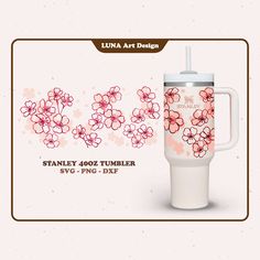 an image of a travel mug with cherry blossoms on it and the words stanley rose tumbler