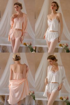 Ice silk material for a luxurious feel, Chic and seductive lingerie pajamas set, Perfect for a honeymoon outfits night for women #honeymoonoutfits #honeymoonoutfitsnight #honeymoonoutfitscouple #honeymoonoutfitstropical Feminine Satin Sleepwear For Summer, Satin Sets With Lace Trim For Wedding Night, Feminine Satin Sleepwear Sets, Satin Lace Trim Sets For Wedding Night, Spring Bedtime Satin Sets, Feminine Pajama Shorts For Sleep, Spring Bedtime Camisole Set, Wedding Night Camisole Sleepwear, Lace Trim Sets For Sleepover In Summer