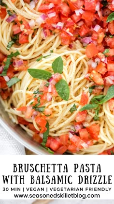 pasta with tomatoes and basil in a pan on the stove top, text reads bruschetta pasta with balsamic drizle