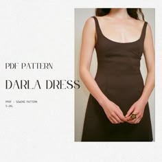 a woman in a brown dress is holding her hand on her hip and the words do pattern darla dress below it