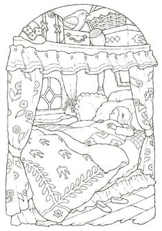 a drawing of a bed with birds and flowers on it, in black and white