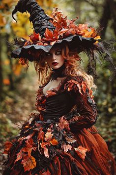 a woman in a dress and hat with leaves on her head is standing in the woods