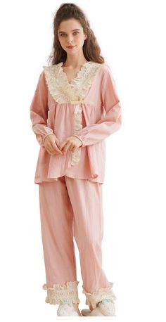 PRICES MAY VARY. 100% Cotton Button closure Machine Wash 100% woven cotton, light, soft, comfy, breathable and durable vintage princess style bridal pajamas; faux wrap kimono style top with button down closure; double V surplice neckline, V neck, V back; embroidery; pull on bottom; full sleeves/pants; elasticated waist; wide lace trimmed bottom hems; loose fit Luxury vintage style with intricate stitchwork, dainty lace, and ruffles Perfect for at-home days, role play, romantic summer evenings, w 60s Pajamas Vintage, Vintage Pajamas Aesthetic, Elegant Pjs, Vintage Pajamas Women, 1940s Pajamas, 1950s Sleepwear, Coquette Pajamas, Patterned Pajamas, Cute Pajamas For Women