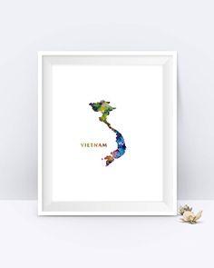 a watercolor map of vietnam with the country name