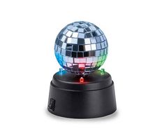 a disco ball sitting on top of a black stand with colorful lights around the base