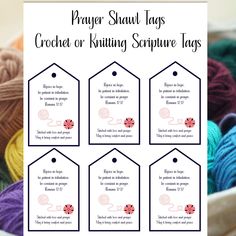 crochet tags with the words prayer shawl tags on them in front of yarn