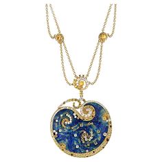 Introducing our breathtaking Starry Night Necklace, a true Belle Époque masterpiece inspired by the iconic painting of Van Gogh. Crafted with meticulous attention to detail, this exquisite necklace is a celebration of artistry and luxury. Made of 18K yellow gold, weighing 45 grams, and measuring 18 inches in length, every aspect of this necklace exudes elegance and sophistication. The centerpiece of this stunning piece is the intricate enamel detailing, meticulously crafted to mirror the swirlin Luxury Celestial Diamond Necklace, Luxury Yellow Gold Sapphire Jewelry, Starry Night Necklace, Yellow Sapphire Necklace, Night Necklace, Starry Night Van Gogh, Couture Jewelry, Star Jewelry, Crown Jewels