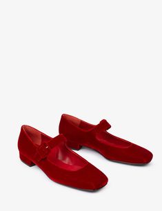 Low Mary Jane Velvet Shoe - Red Velvet Shoe, Spanish Espadrilles, Womens Red Shoes, Penelope Chilvers, Yantai, Velvet Shoes, Red Shoes, Party Shoes