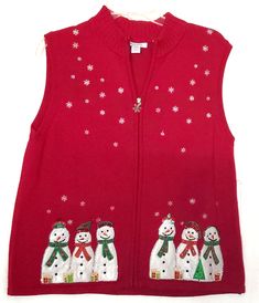 a red sweater vest with snowmen on it