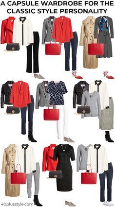 Navy White Red Capsule Wardrobe, Black And Red Wardrobe, Red And Black Capsule Wardrobe, Red Capsule Wardrobe, Classic Style Personality, Red Wardrobe, Chic Capsule Wardrobe, Wardrobe Planner