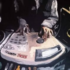 a painting of a dj mixing on a turntable with his hands resting on the controller