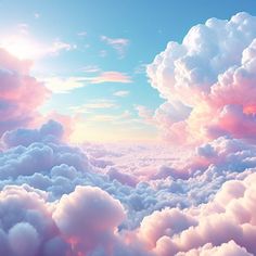 the sky is filled with pink clouds and blue skies, as well as white fluffy clouds