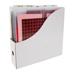 a white folder with red and black checkered paper in it