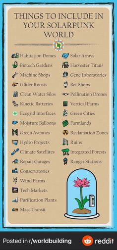 a poster with the words things to include in your solarpunk world on it