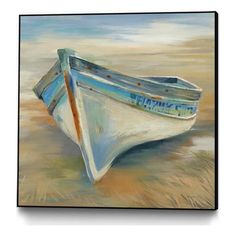 a painting of a boat sitting on the sand in front of it's hull