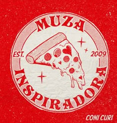 the pizza logo is red and white with black dots on it, as well as an image of a slice of pizza