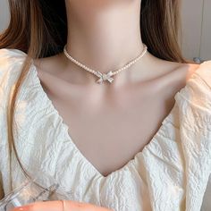 Pearl Cross Necklace, Bow Choker, Planet Necklace, Small Necklace, Ribbon Necklace, Bow Necklace, Luxury Necklace, Pearl Choker Necklace, Color Champagne