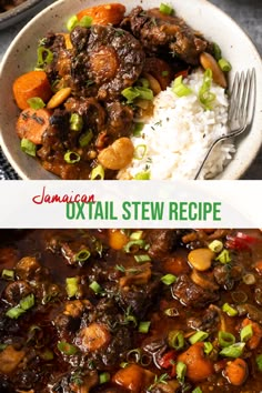 two pictures showing different types of stew in bowls with rice and carrots on the side