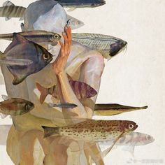 an image of a woman surrounded by fish