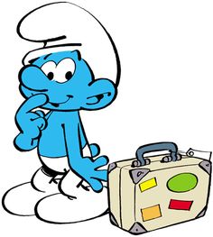 the smurf is standing next to a suitcase and looking at it's face