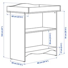 a drawing of a desk with measurements for the top and bottom shelf on each side