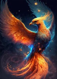 a colorful bird flying through the air with stars in it's back legs and wings