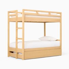 a wooden bunk bed with white sheets and pillows on top of it, against a white background