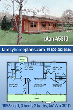 the floor plan for this cabin is shown in two different colors and sizes, with three bedroom