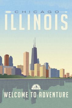 the chicago skyline is depicted in this retro style poster