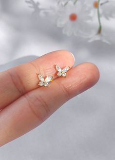 🦋 Sterling silver, gold vermeil Delicate Gold Cubic Zirconia Cartilage Earrings, Tiny Delicate Gold Plated Earrings, Tiny Delicate Gold-plated Earrings, Tiny Delicate Gold Earrings, Dainty Butterfly, Ear Piercing Ideas, Jewelry Butterfly, Dinosaur Earrings, Butterfly Stud Earrings