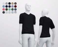 two male mannequins wearing black shirts and white pants with different colors on them