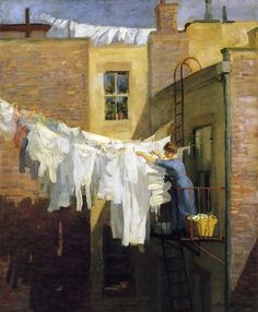 a painting of a woman drying clothes on a line in front of a brick building