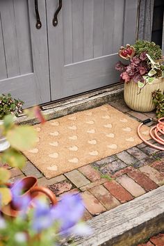 a potted plant sitting on top of a door mat in front of a house