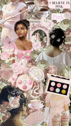 a collage of pink and white images with different things on it, including an image of a woman's face